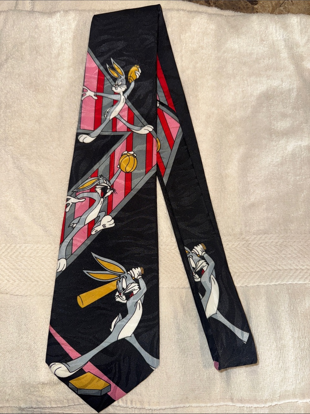 Vintage 1993 Warner Bros. Black Tie With Sports Looney Toons Bugs Bunny